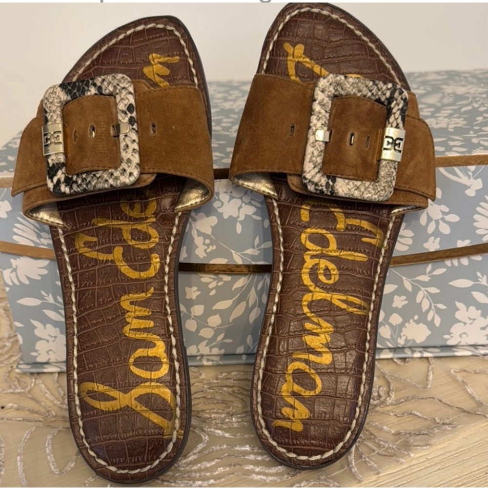 Sam Edelman Brown Suede Sandals with Decorative Buckle - Picture 3 of 9
